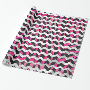 Papier Cadeau Zèbre Chevron Noir et Rose Chaud