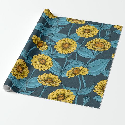 Papier Cadeau Zinnias jaune sur bleu foncé (Déroulé)