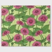 Papier Cadeau Zinnias rose sur vert clair (Plat)
