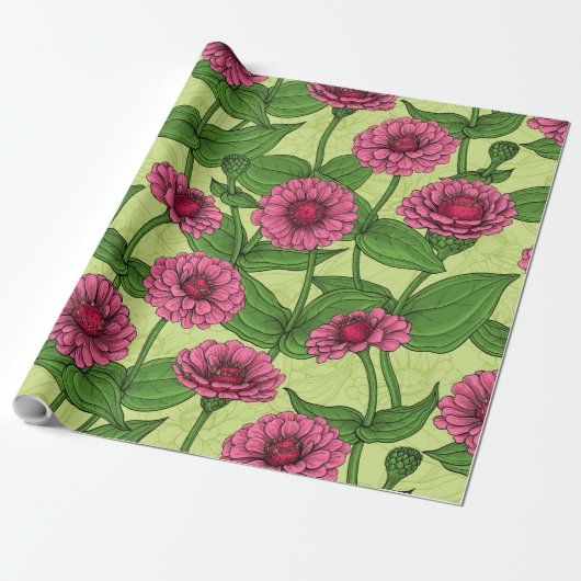 Papier Cadeau Zinnias rose sur vert clair (Déroulé)