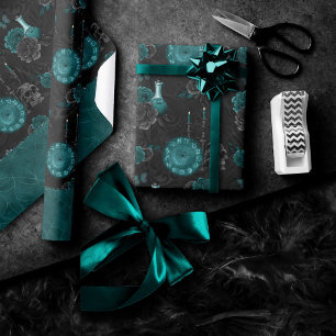 Papier Cadeau Zodiac Magie   Turquoise foncé vert crâne gothique