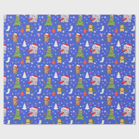 Papier Cadeau Zoo De Noël Animaux En Ciel Bleu (Plat)