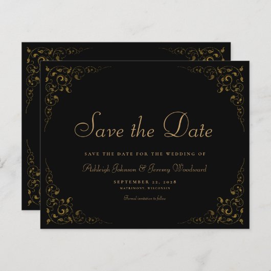 Papier Cadre Botanique de Budget Noir Or Épargnez la Date (Devant / Derrière)