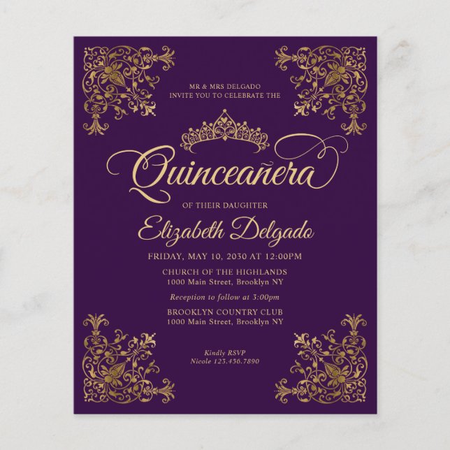 Papier Cadre Vintage or violet budget Quinceanera (Devant)