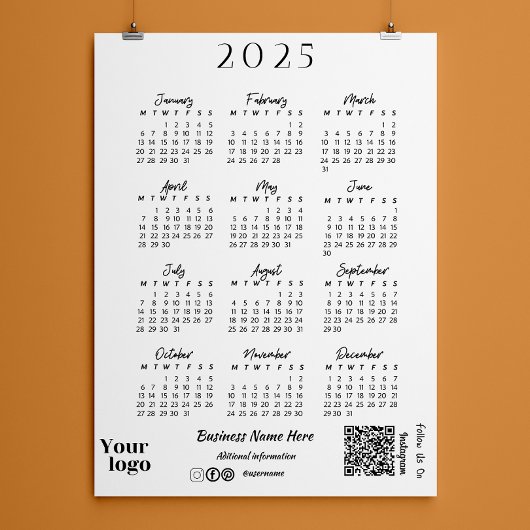 Papier Calendrier 2025 Année Typographie de script blanc
