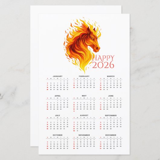 Papier Calendrier 2026 de l'année du Cheval de Feu (Devant / Derrière)