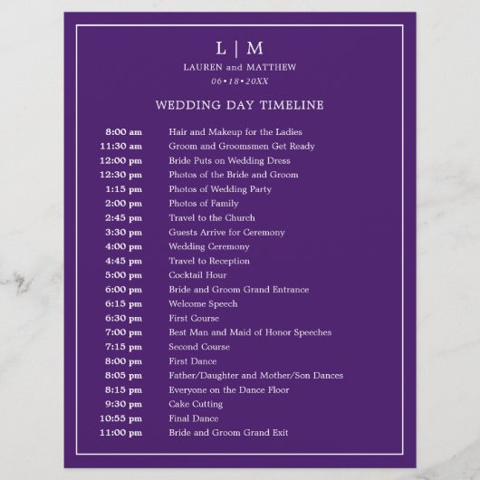 Papier Calendrier de mariage élégant à monogramme violet (Devant)