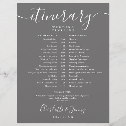 Papier Calendrier de Mariage Gris Itinéraire de Script (Devant)