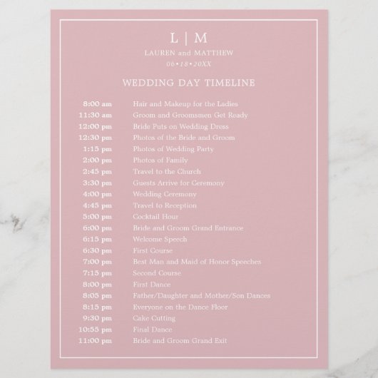 Papier Calendrier de mariage simple avec monogramme rose (Devant)