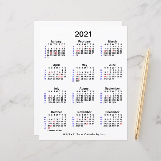 Papier Calendrier des fêtes de 52 semaines 2021 par Janz  (Devant/Arrière en situation)