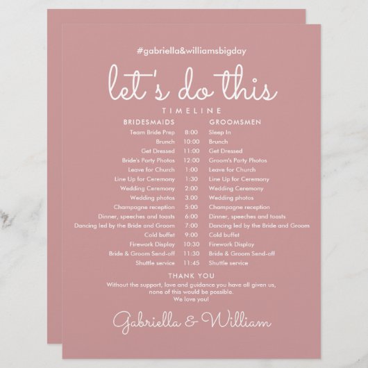 Papier Calendrier du Mariage de script de Rose Dusty (Devant / Derrière)