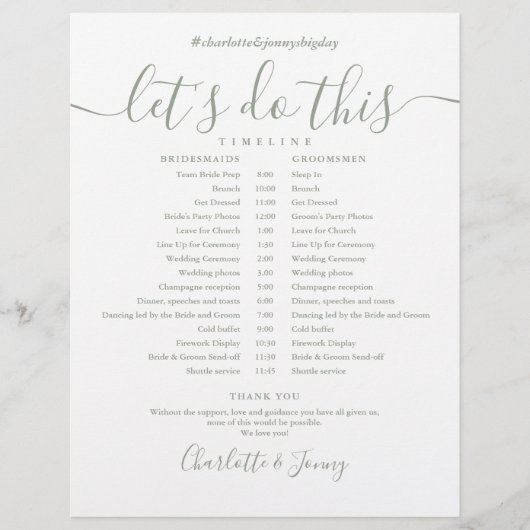 Papier Calendrier du Mariage de script vert Sage (Devant)