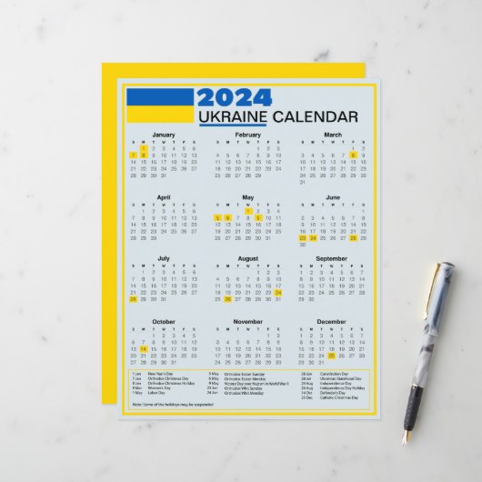 Papier Calendrier ukrainien 2024 avec fêtes ukrainiennes (Devant/Arrière en situation)