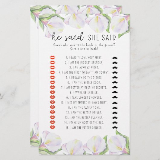 Papier Calla - Il a dit qu'elle a dit jeu de douche nupti (Devant / Derrière)