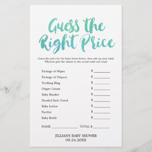 Papier Calligraphie aquarelle devine le bon jeu de prix (Devant)