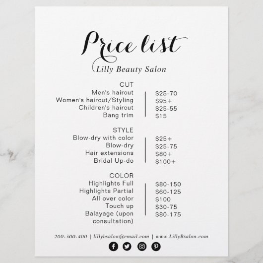 Papier Calligraphie Beauté Salon Tarifs (Devant)