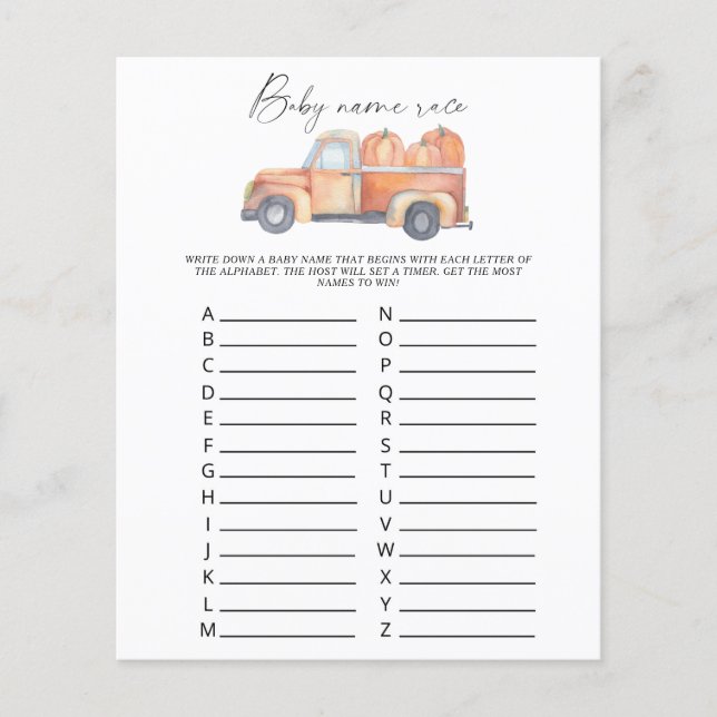 Papier Camion citrouille - Jeu de course de nom de bébé (Devant)