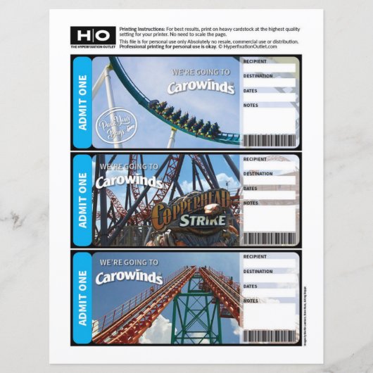 Papier Carowinds Faux billet pour Voyage et Événements (Devant)