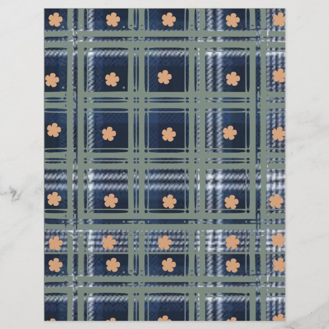 Papier Carreaux bleus avec fleurs pêche (Devant)