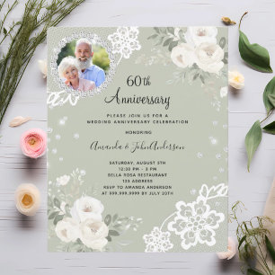 Papier Carreaux verts floraux 60e faire-part de mariage