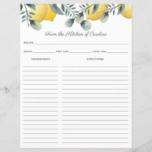 Papier Carton de recettes pour citrons et eucalyptus à in (Devant)