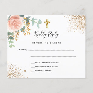 Papier Carton de réponse pour baptême floral rose poudré