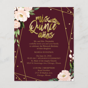 Papier Carton d'invitation bilingue Quinceanera Burgundy