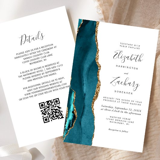 Papier Carton d'invitation de mariage à code QR sarcelle