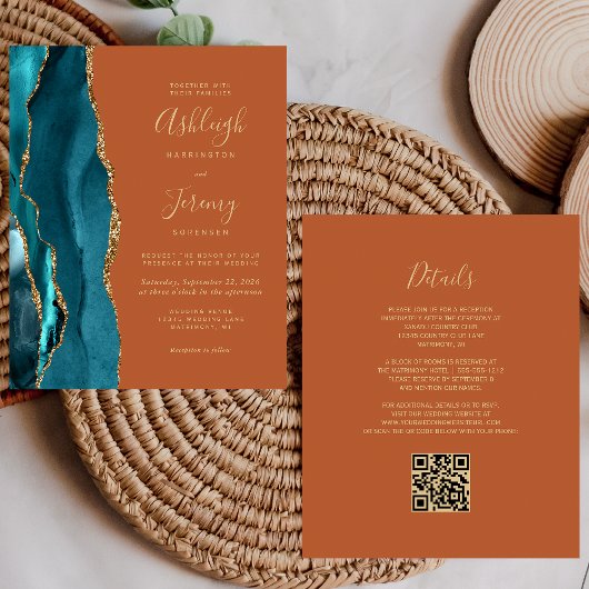 Papier Carton d'invitation de mariage à code QR sarcelle