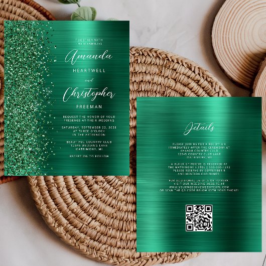 Papier Carton d'invitation de mariage à code QR vert glam