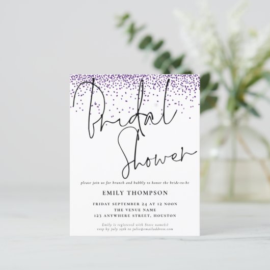 Papier Carton d'invitation de mariage à paillettes violet (Debout devant)