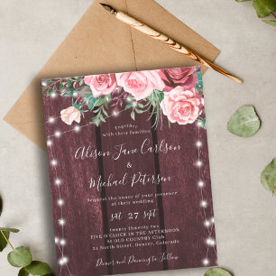 Papier Carton d'invitation de mariage bordeaux rosé rusti