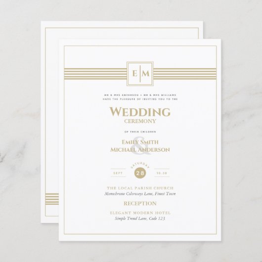 Papier Carton d'invitation de mariage formel en or blanc  (Devant / Derrière)