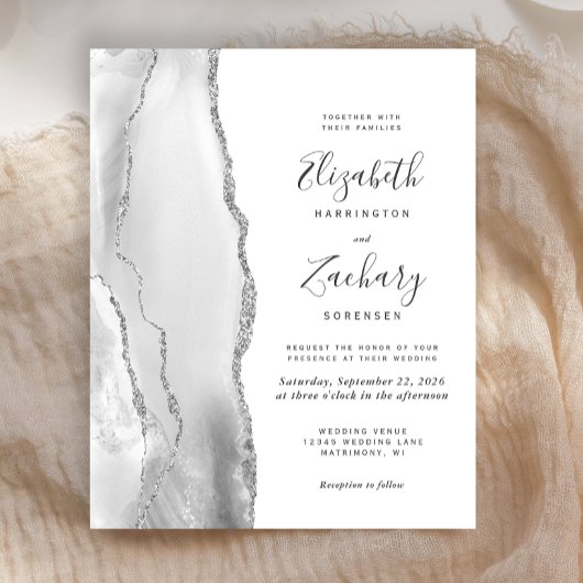 Papier Carton d'invitation de mariage gris blanc argent a
