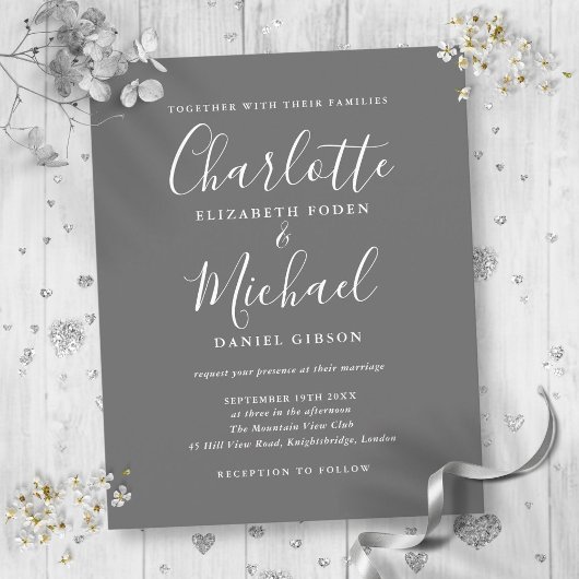 Papier Carton d'invitation de mariage gris et blanc à écr
