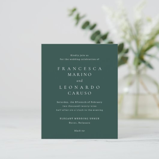 Papier Carton d'invitation de mariage simple vert émeraud (Debout devant)
