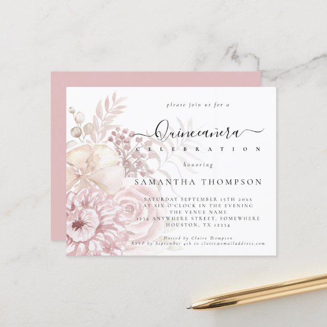 Papier Carton d'invitation Quinceañera fleurs roses poudr (Devant/Arrière en situation)