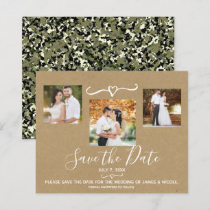 Papier Carton kraft camouflage vert rustique Save the Dat