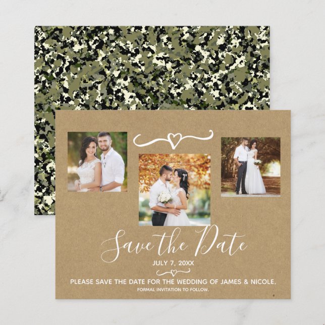 Papier Carton kraft camouflage vert rustique Save the Dat (Devant / Derrière)