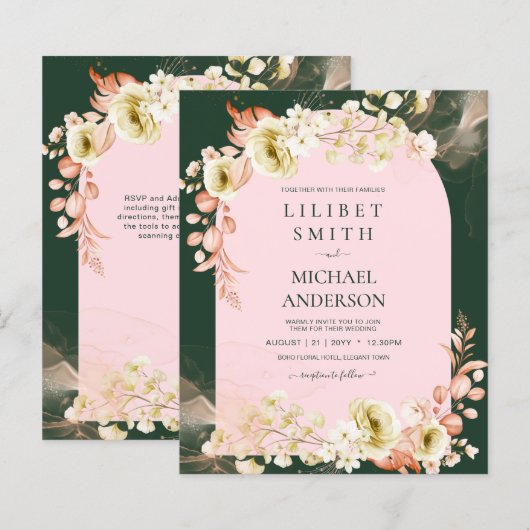 Papier Cartons d'invitation de mariage Floral Vert PINK d (Devant / Derrière)