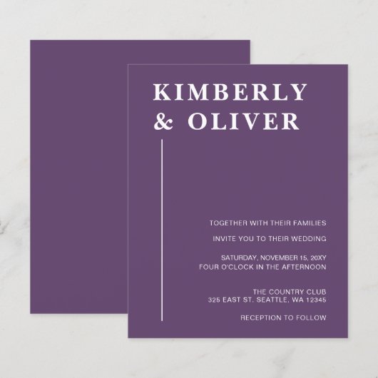 Papier Cartons d'invitation de mariage violet moderne à b (Devant / Derrière)