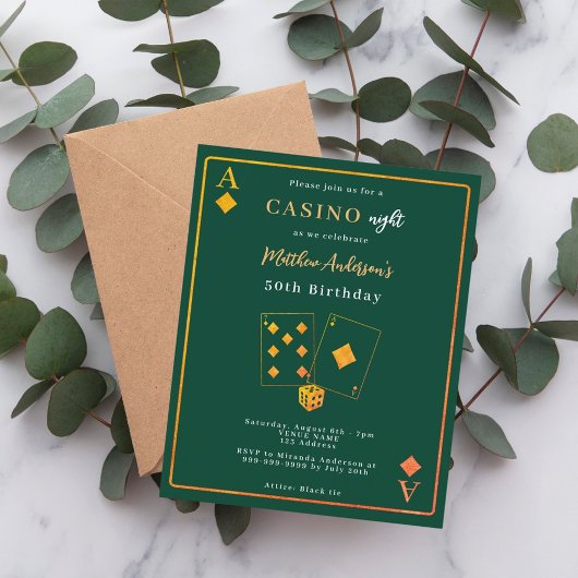 Papier Casino nuit vert or d'anniversaire invitation