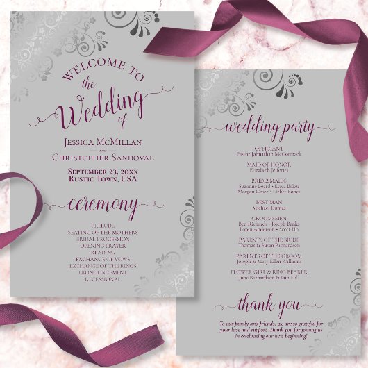 Papier Cassis on Grey Silver Lace Budget Wedding Programm