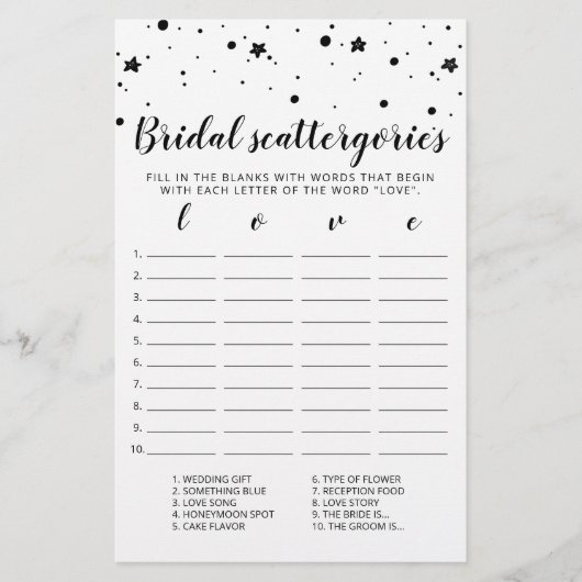 Papier Catégories de mariage jeu modifiable Shower de mar (Devant)