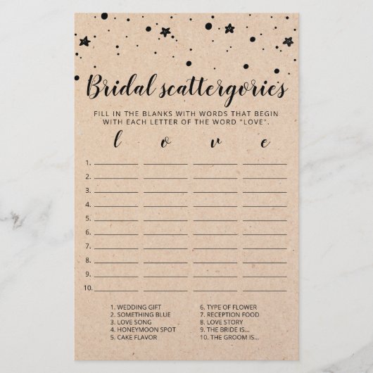 Papier Catégories de mariage jeu modifiable Shower de mar (Devant)