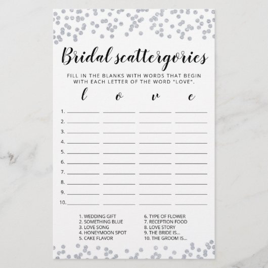 Papier Catégories de mariage jeu modifiable Shower de mar (Devant)