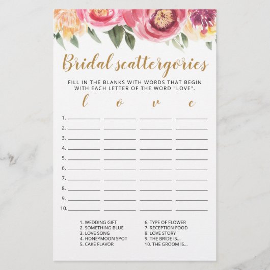 Papier Catégories de mariage jeu modifiable Shower de mar (Devant)
