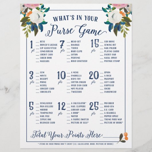 Papier Ce qui est dans votre sac Jeux de Fête des mariées (Devant)