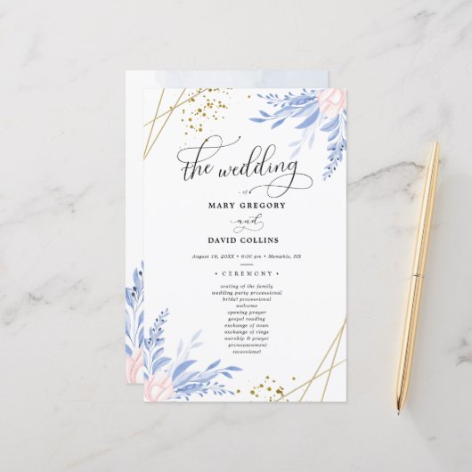 Papier Cérémonie de Mariage géométrique en or bleu Dusty (Devant/Arrière en situation)