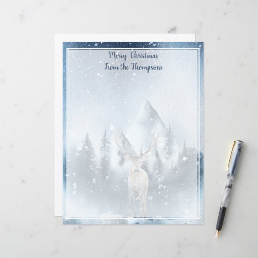 Papier Cerf aquarelle et Noël enneigé (Devant/Arrière en situation)
